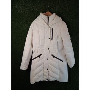 MICHAEL Michael Kors Women's White Puffer Jacket Coat Faux Fur Hood Size M Warm